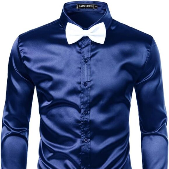 New!! Satin Long Sleeve Button Down Dress Shirt - Picture 1 of 4